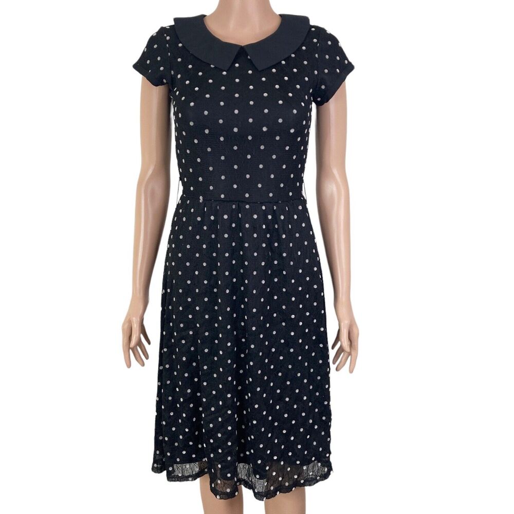 De Collection Dress Womens XS Pullover Polka Dot Black White Lace Overlay